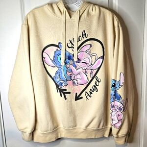 Disney Stitch & Angel Cream Hoodie Pullover Graphic Sweatshirt Size L